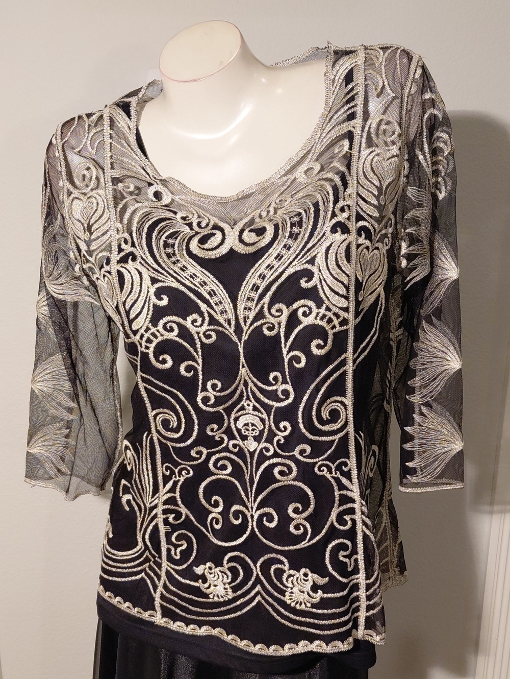 Black Sheer Overlay Top w/Shell Silver Embroidery
